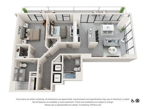 Floor plan for 2 beds, 2 baths, 1172 sqft